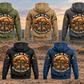 Five complete back views of the Excavator Operator Walk the Walk Badge Vintage Hoodie in Military Green, Kaki, Dark Gray, Black and Dark Blue, at a quiet earthworks landscape with a parked excavator and lowered bucket.