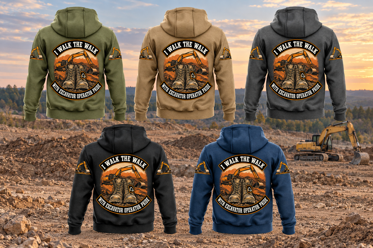 Five complete back views of the Excavator Operator Walk the Walk Badge Vintage Hoodie in Military Green, Kaki, Dark Gray, Black and Dark Blue, at a quiet earthworks landscape with a parked excavator and lowered bucket.