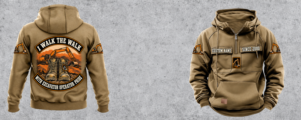 Excavator Operator Walk the Walk Badge Vintage Hoodie in Kaki, complete separated front and back views with sample text CUSTOM NAME and SINCE 2000.