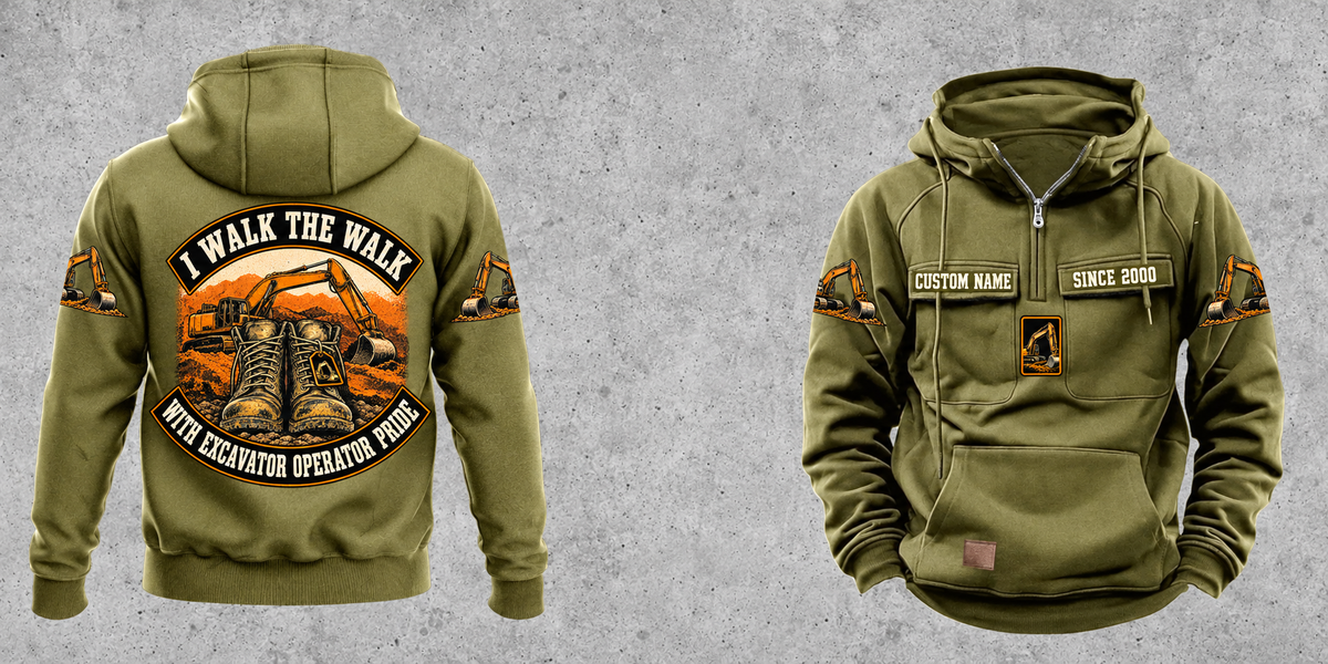 Excavator Operator Walk the Walk Badge Vintage Hoodie in Military Green, complete separated front and back views with sample text CUSTOM NAME and SINCE 2000.