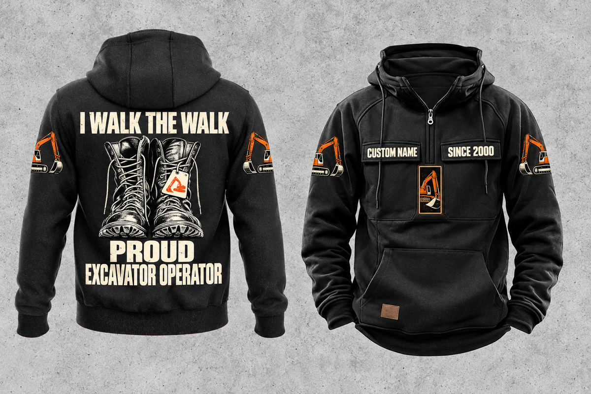 Excavator Operator Proud Walk Vintage Hoodie in Black, fully separated front and back views with excavator sleeve motifs, work boot artwork, and sample text CUSTOM NAME and SINCE 2000.