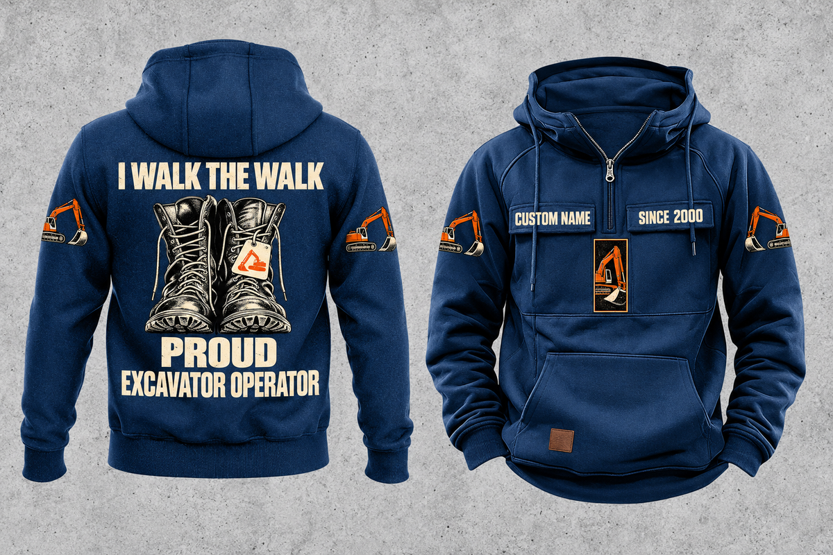 Excavator Operator Proud Walk Vintage Hoodie in Dark Blue, fully separated front and back views with excavator sleeve motifs, work boot artwork, and sample text CUSTOM NAME and SINCE 2000.