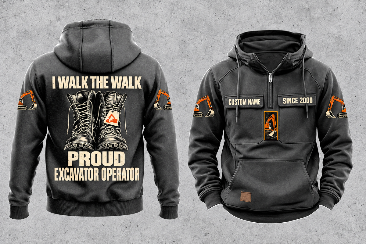 Excavator Operator Proud Walk Vintage Hoodie in Dark Gray, fully separated front and back views with excavator sleeve motifs, work boot artwork, and sample text CUSTOM NAME and SINCE 2000.