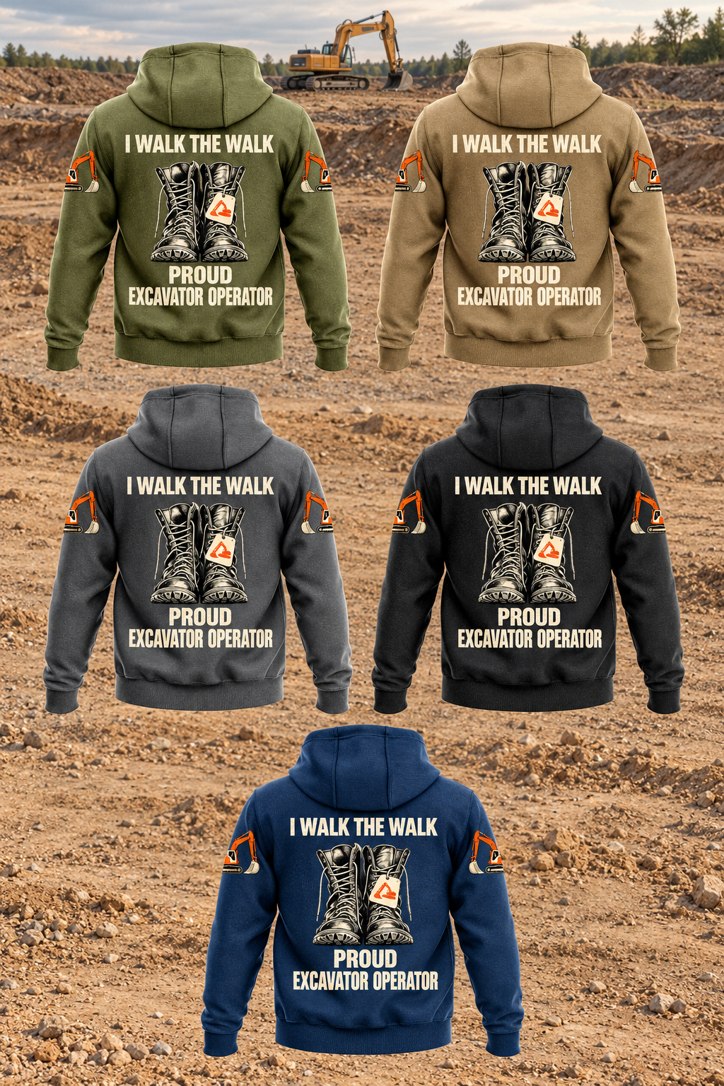 Excavator Operator Proud Walk Vintage Hoodie in Military Green, Kaki, Dark Gray, Black and Dark Blue, five complete back views displaying I WALK THE WALK, work boots, PROUD and EXCAVATOR OPERATOR, against an earthworks landscape with a parked excavator and lowered bucket.