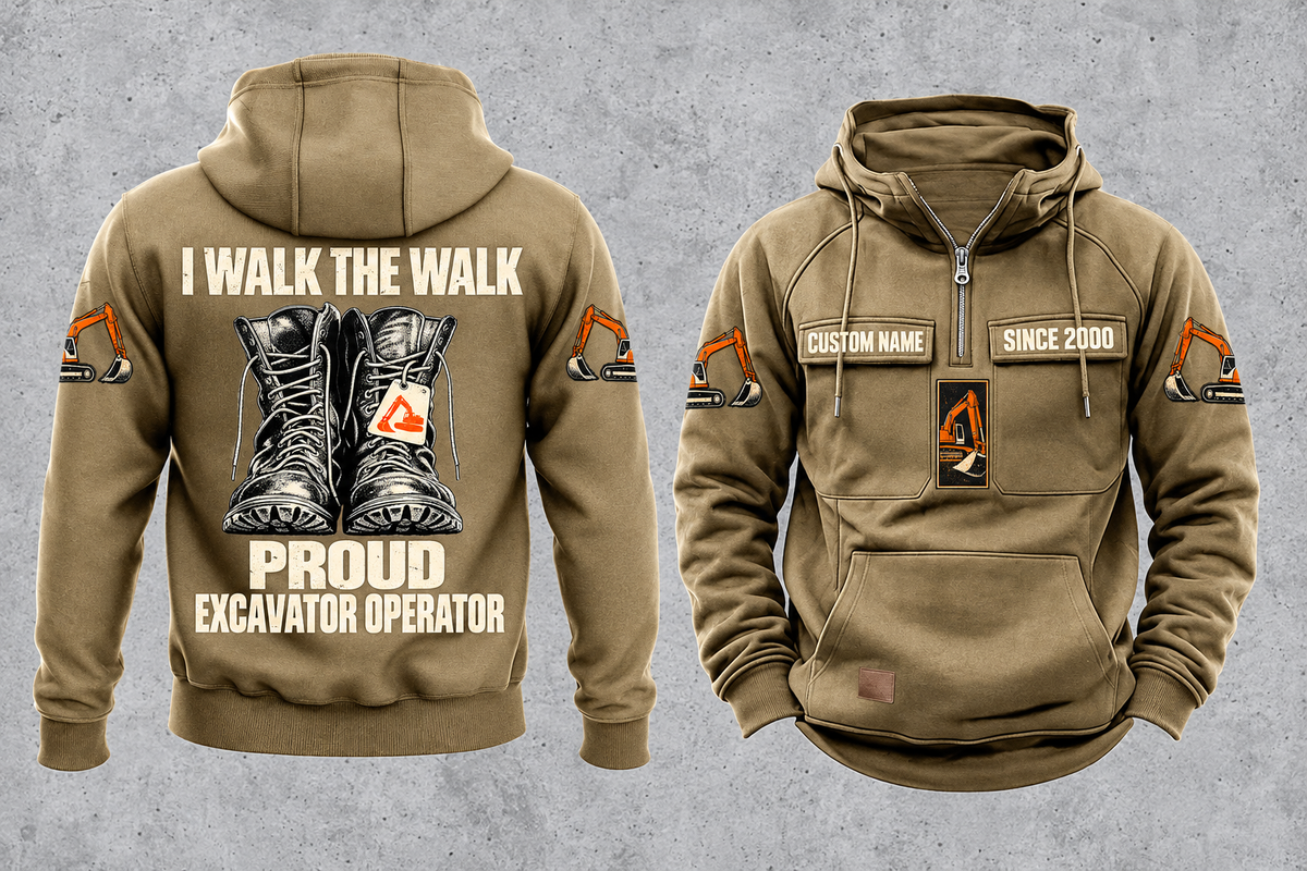 Excavator Operator Proud Walk Vintage Hoodie in Kaki, fully separated front and back views with excavator sleeve motifs, work boot artwork, and sample text CUSTOM NAME and SINCE 2000.