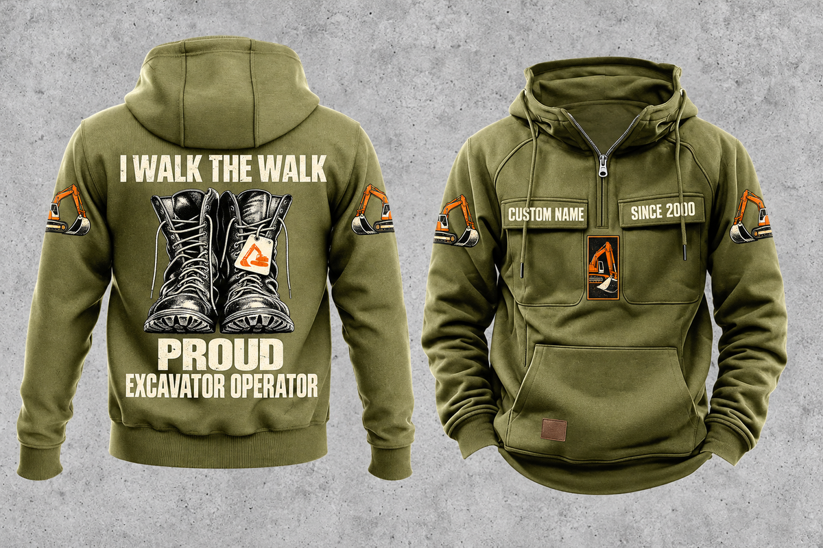 Excavator Operator Proud Walk Vintage Hoodie in Military Green, fully separated front and back views with excavator sleeve motifs, work boot artwork, and sample text CUSTOM NAME and SINCE 2000.
