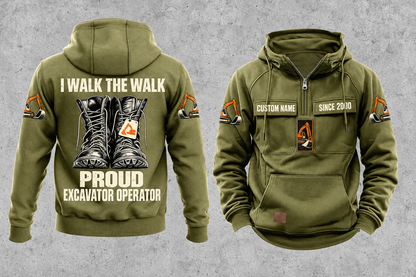 Excavator Operator Proud Walk Vintage Hoodie in Military Green, fully separated front and back views with excavator sleeve motifs, work boot artwork, and sample text CUSTOM NAME and SINCE 2000.