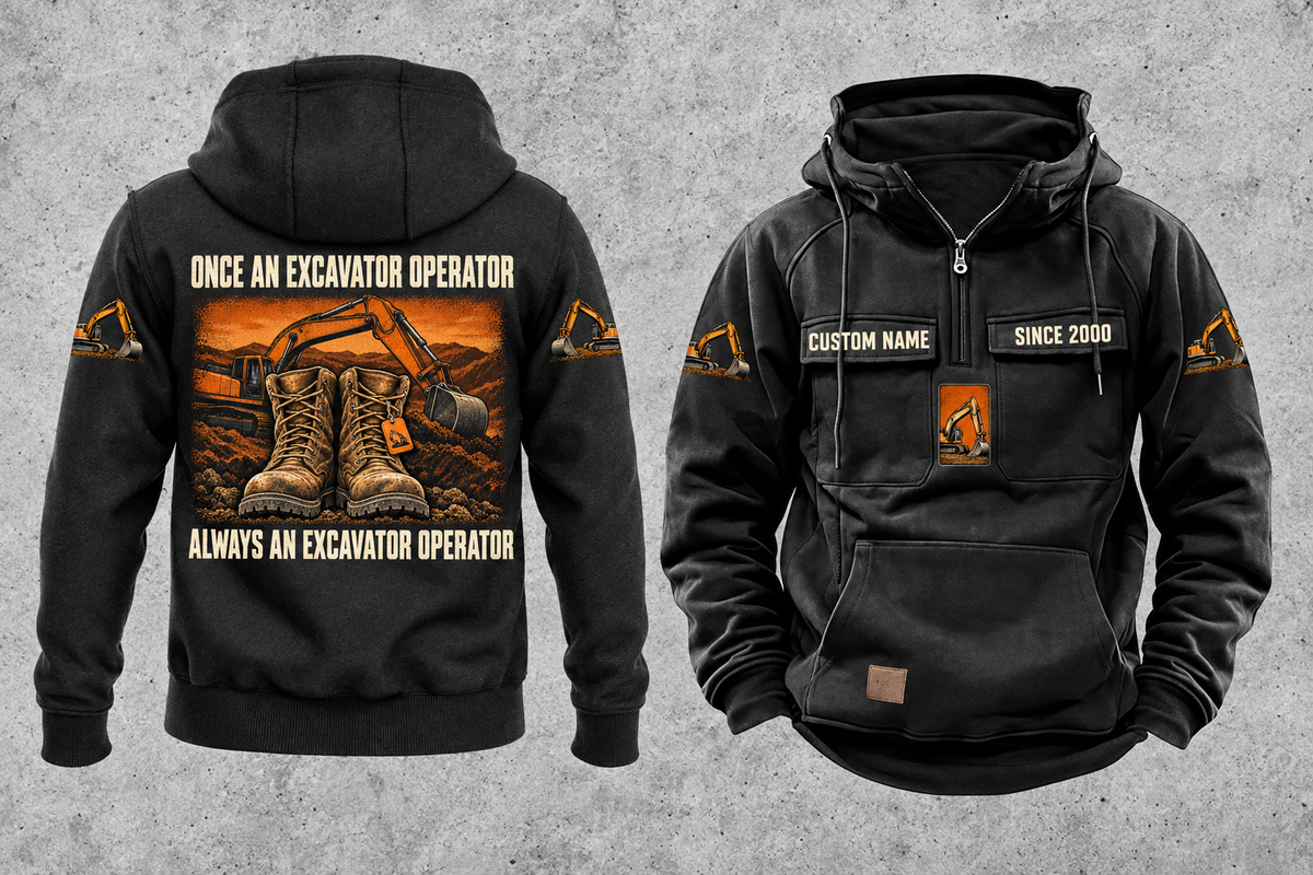 Excavator Operator Once and Always Vintage Hoodie in Black, fully separated front and back views with sample text CUSTOM NAME and SINCE 2000, excavator sleeve motifs and boot-and-earthworks back artwork.