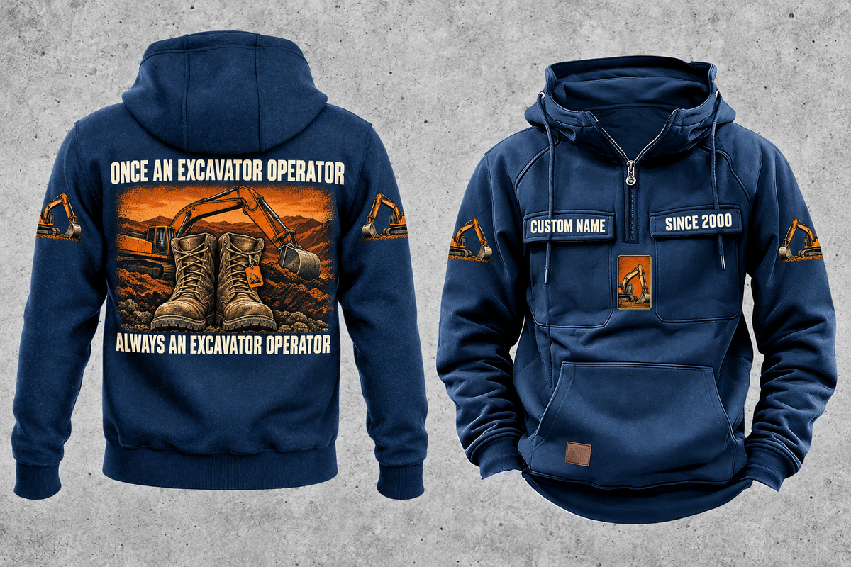 Excavator Operator Once and Always Vintage Hoodie in Dark Blue, fully separated front and back views with sample text CUSTOM NAME and SINCE 2000, excavator sleeve motifs and boot-and-earthworks back artwork.