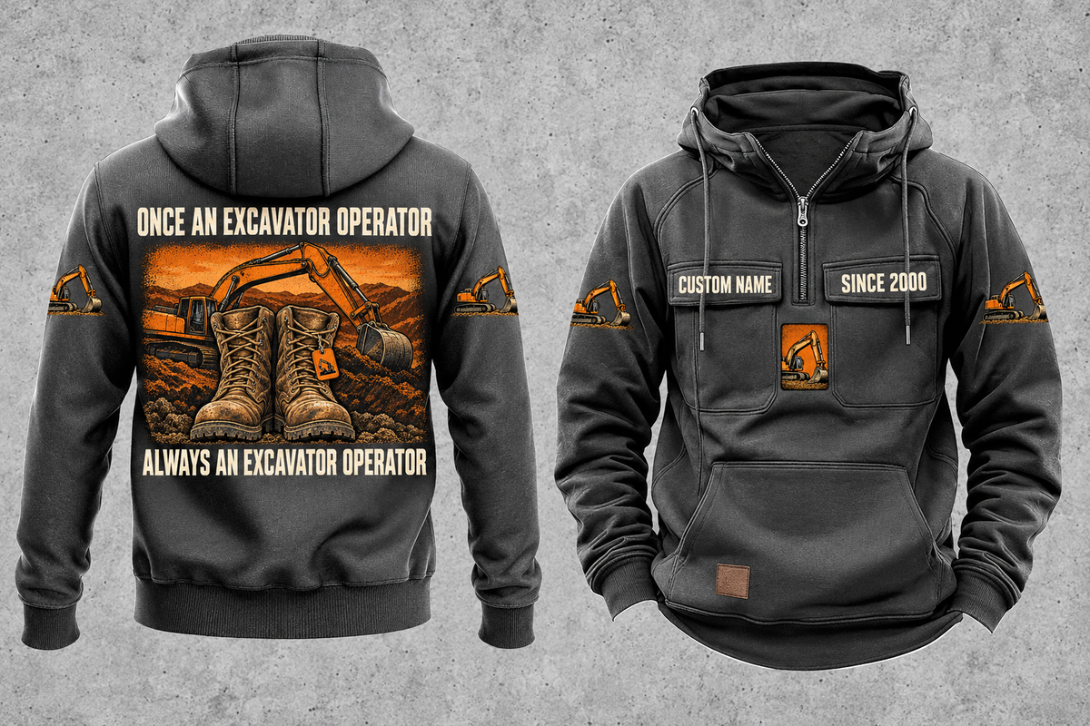 Excavator Operator Once and Always Vintage Hoodie in Dark Gray, fully separated front and back views with sample text CUSTOM NAME and SINCE 2000, excavator sleeve motifs and boot-and-earthworks back artwork.