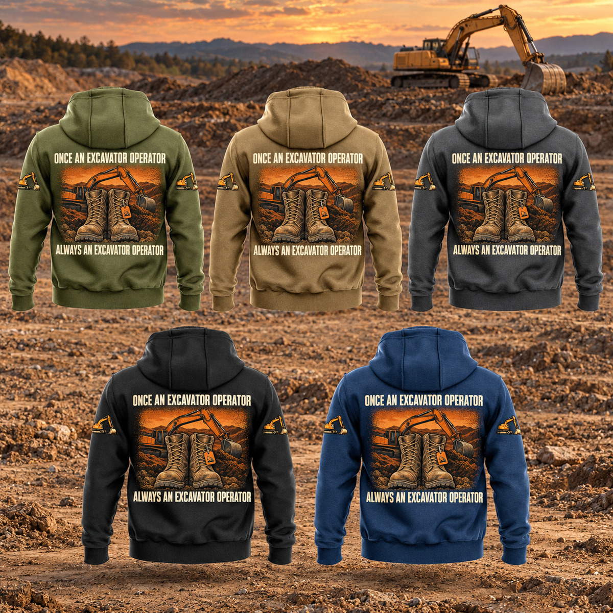 Excavator Operator Once and Always Vintage Hoodie in Military Green, Kaki, Dark Gray, Black and Dark Blue, five complete back views with matching boots and excavator artwork in a quiet earthworks setting with a parked excavator.