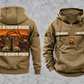 Excavator Operator Once and Always Vintage Hoodie in Kaki, fully separated front and back views with sample text CUSTOM NAME and SINCE 2000, excavator sleeve motifs and boot-and-earthworks back artwork.