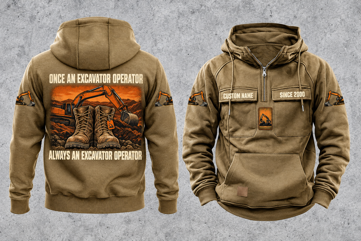 Excavator Operator Once and Always Vintage Hoodie in Kaki, fully separated front and back views with sample text CUSTOM NAME and SINCE 2000, excavator sleeve motifs and boot-and-earthworks back artwork.