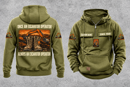 Excavator Operator Once and Always Vintage Hoodie in Military Green, fully separated front and back views with sample text CUSTOM NAME and SINCE 2000, excavator sleeve motifs and boot-and-earthworks back artwork.