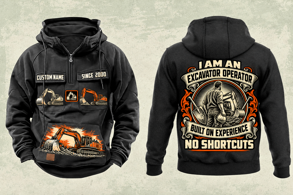 Excavator Operator Heritage Crest Vintage Hoodie in Black, separated front and back views with sample text CUSTOM NAME and SINCE 2000, excavator pocket graphics, plain sleeves and cream, black and earth-orange crest.