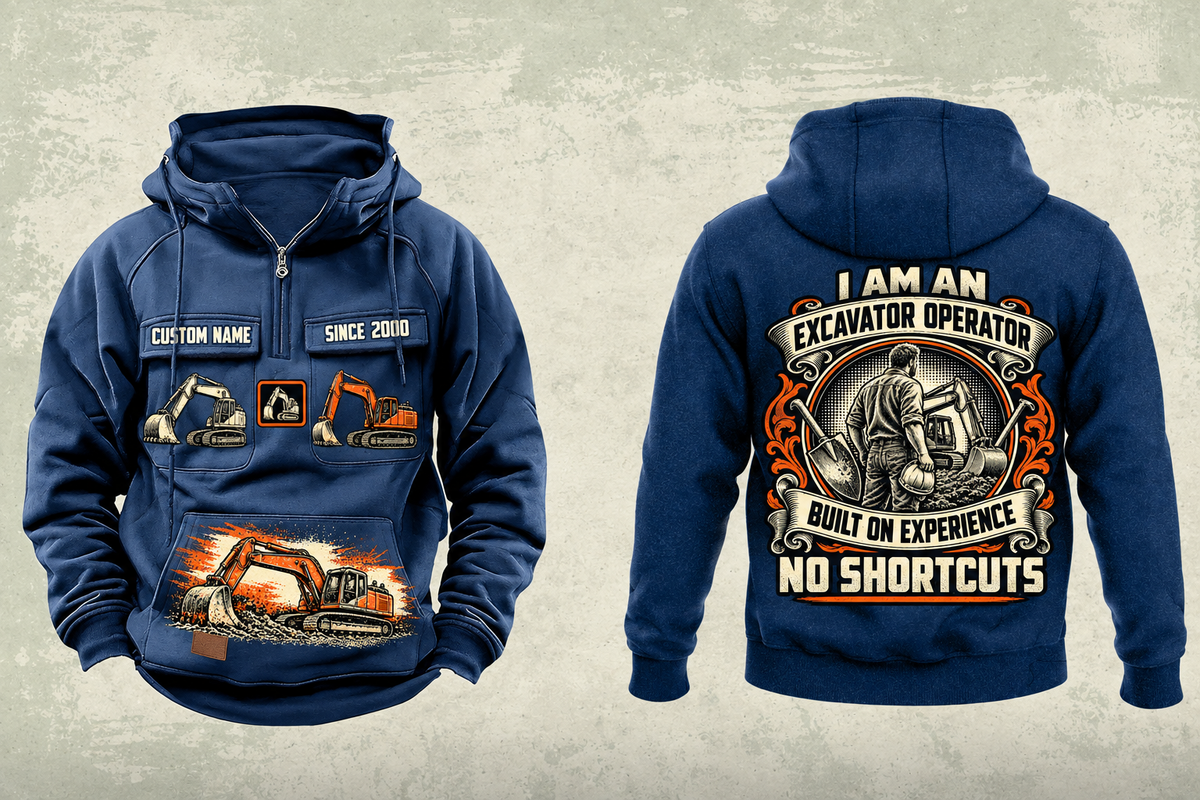 Excavator Operator Heritage Crest Vintage Hoodie in Dark Blue, separated front and back views with sample text CUSTOM NAME and SINCE 2000, excavator pocket graphics, plain sleeves and cream, black and earth-orange crest.