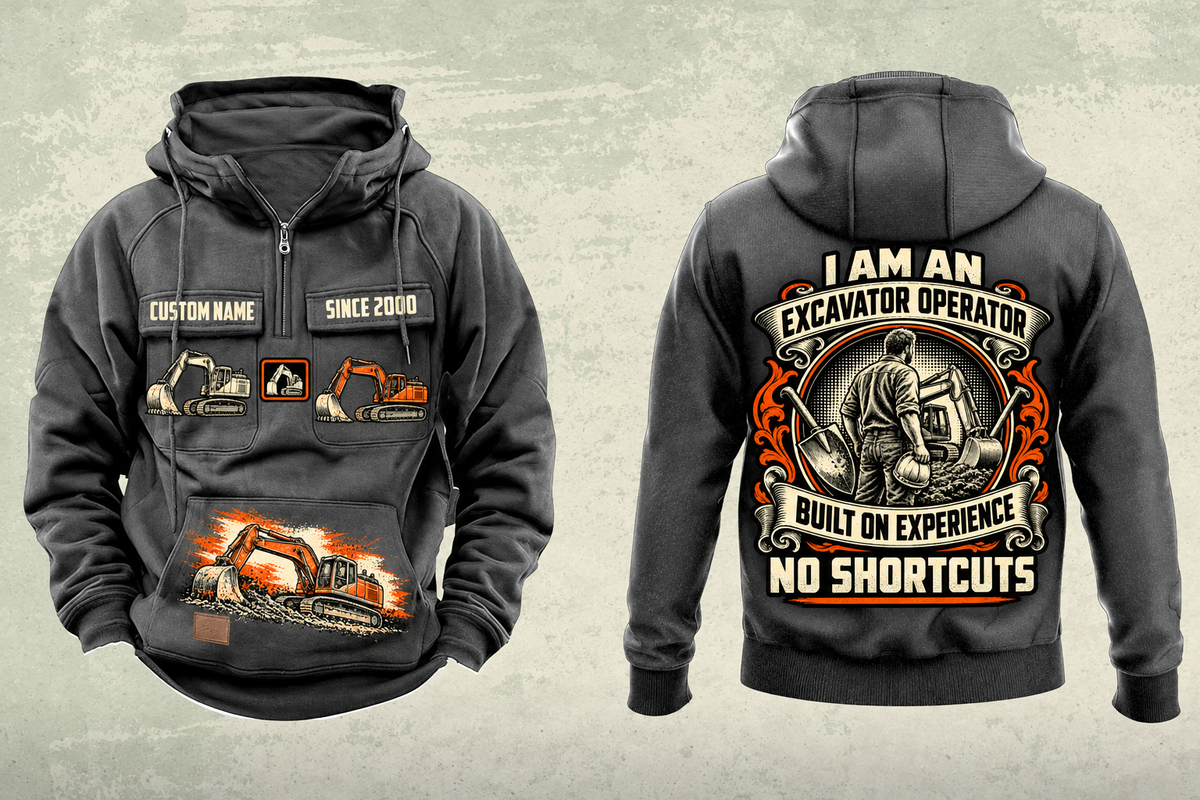 Excavator Operator Heritage Crest Vintage Hoodie in Dark Gray, separated front and back views with sample text CUSTOM NAME and SINCE 2000, excavator pocket graphics, plain sleeves and cream, black and earth-orange crest.