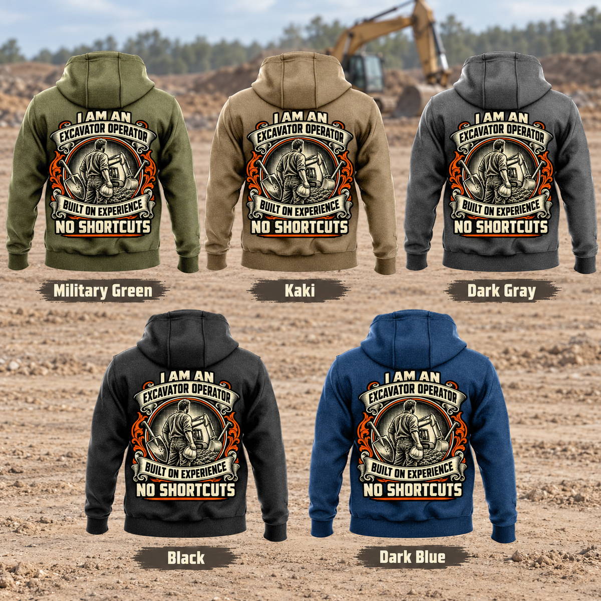 Excavator Operator Heritage Crest Vintage Hoodie in Military Green, Kaki, Dark Gray, Black and Dark Blue, five complete back views with ornate occupation crest in a quiet earthworks setting with a parked excavator.