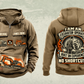 Excavator Operator Heritage Crest Vintage Hoodie in Kaki, separated front and back views with sample text CUSTOM NAME and SINCE 2000, excavator pocket graphics, plain sleeves and cream, black and earth-orange crest.