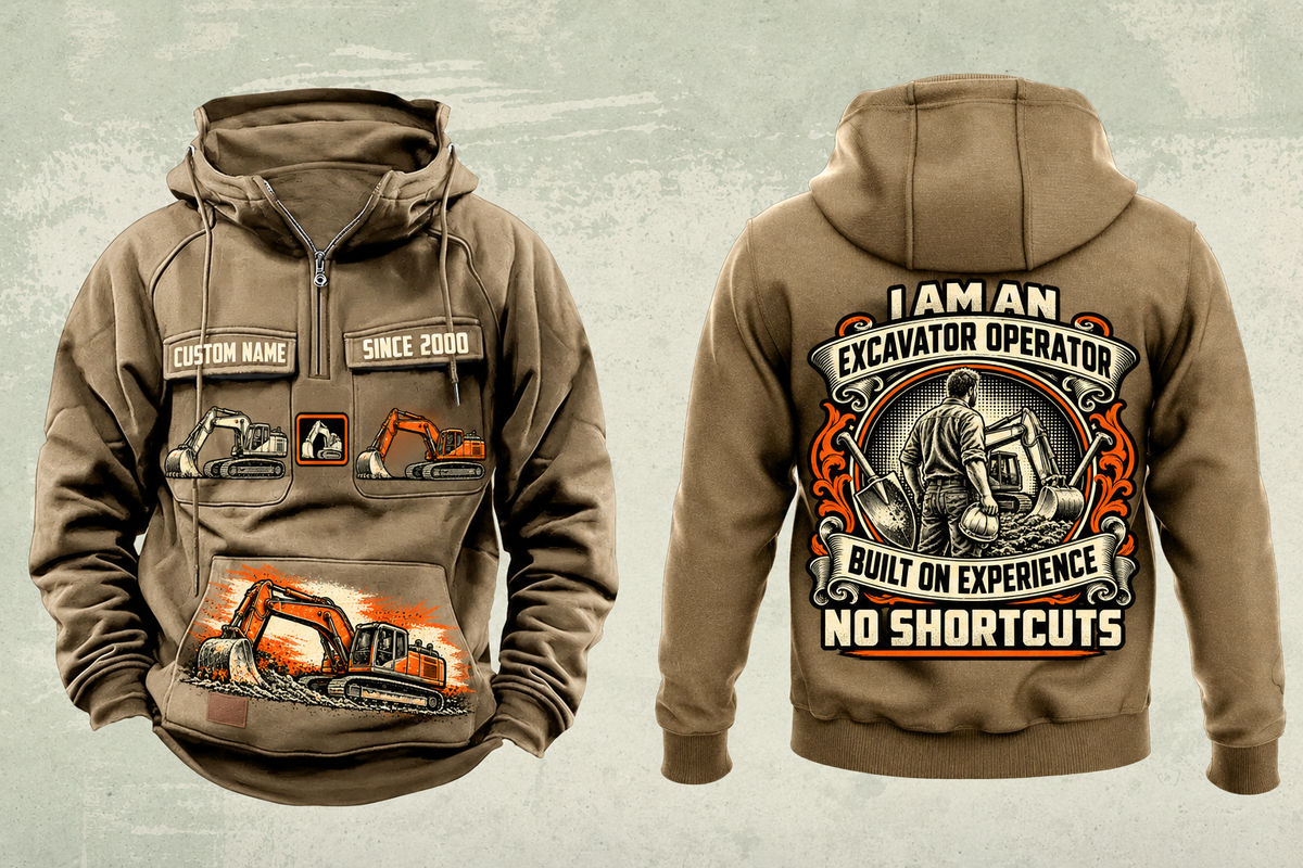 Excavator Operator Heritage Crest Vintage Hoodie in Kaki, separated front and back views with sample text CUSTOM NAME and SINCE 2000, excavator pocket graphics, plain sleeves and cream, black and earth-orange crest.