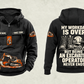 Excavator Operator Never Ends Vintage Hoodie in Black, separate complete front and back views with sample text CUSTOM NAME and SINCE 2000, excavator sleeve and front graphics, and boots, hard hat and excavator-bucket back artwork.