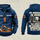 Excavator Operator Never Ends Vintage Hoodie in Dark Blue, separate complete front and back views with sample text CUSTOM NAME and SINCE 2000, excavator sleeve and front graphics, and boots, hard hat and excavator-bucket back artwork.