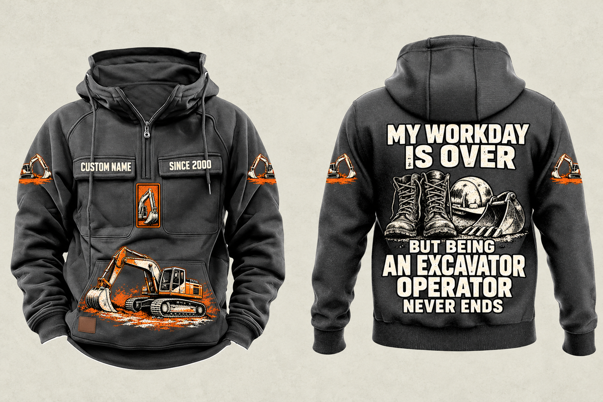 Excavator Operator Never Ends Vintage Hoodie in Dark Gray, separate complete front and back views with sample text CUSTOM NAME and SINCE 2000, excavator sleeve and front graphics, and boots, hard hat and excavator-bucket back artwork.