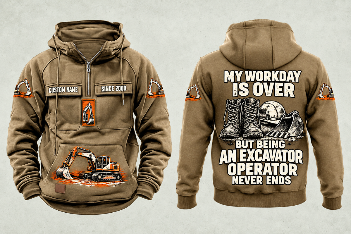Excavator Operator Never Ends Vintage Hoodie in Kaki, separate complete front and back views with sample text CUSTOM NAME and SINCE 2000, excavator sleeve and front graphics, and boots, hard hat and excavator-bucket back artwork.
