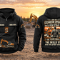 Excavator Operator Skills and Pride Vintage Hoodie in Black, complete separated front and back views with sample text CUSTOM NAME and SINCE 2000, excavator graphics and a quiet earthworks background.