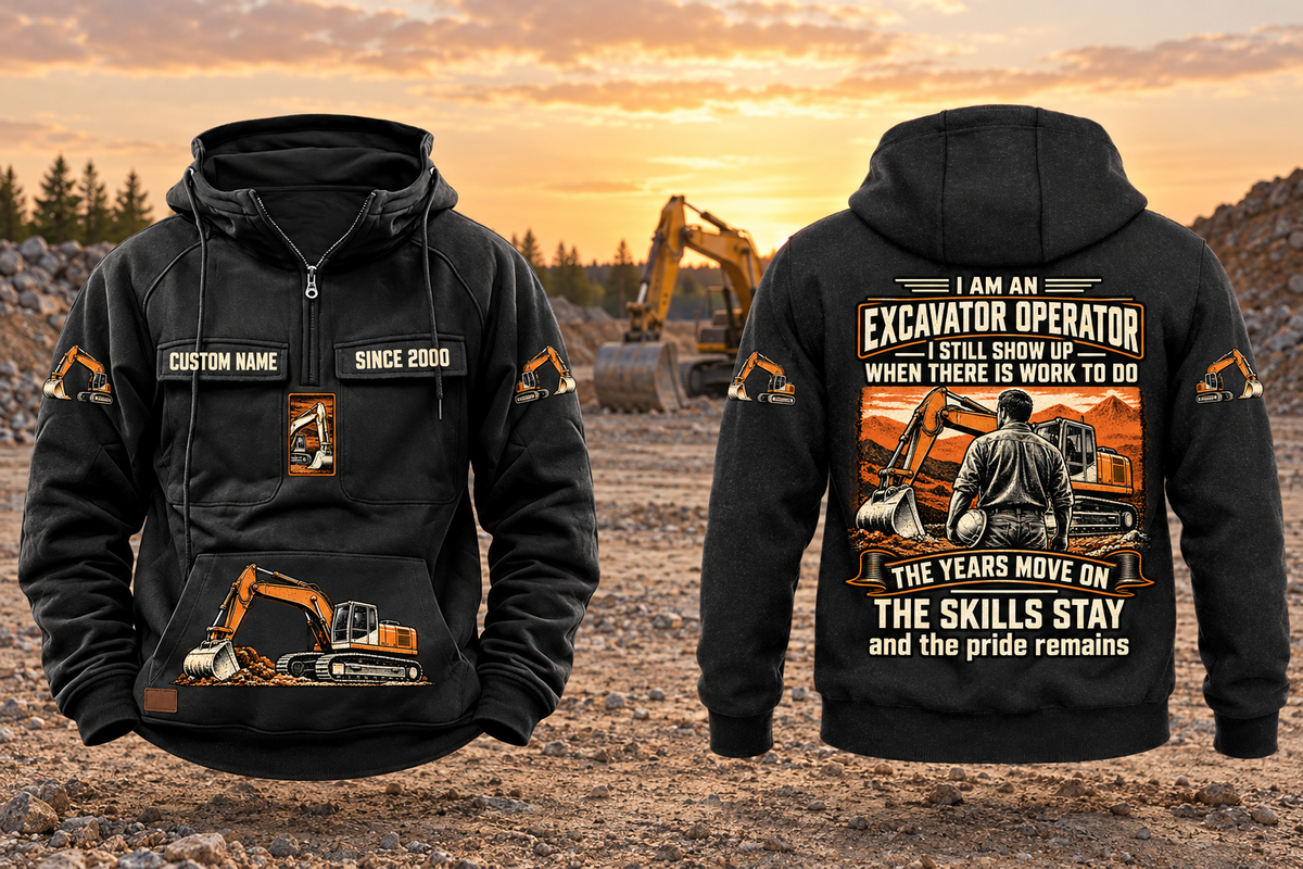 Excavator Operator Skills and Pride Vintage Hoodie in Black, complete separated front and back views with sample text CUSTOM NAME and SINCE 2000, excavator graphics and a quiet earthworks background.