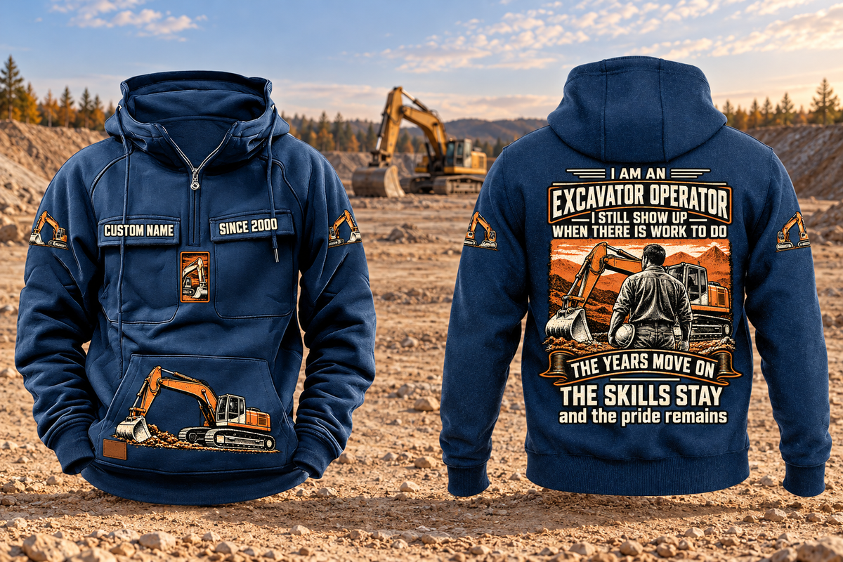 Excavator Operator Skills and Pride Vintage Hoodie in Dark Blue, complete separated front and back views with sample text CUSTOM NAME and SINCE 2000, excavator graphics and a quiet earthworks background.