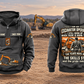 Excavator Operator Skills and Pride Vintage Hoodie in Dark Gray, complete separated front and back views with sample text CUSTOM NAME and SINCE 2000, excavator graphics and a quiet earthworks background.