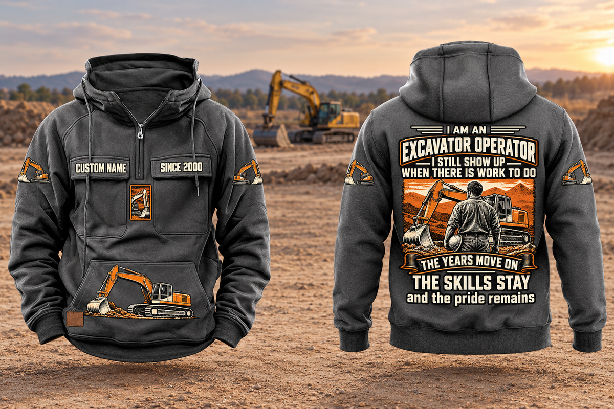 Excavator Operator Skills and Pride Vintage Hoodie in Dark Gray, complete separated front and back views with sample text CUSTOM NAME and SINCE 2000, excavator graphics and a quiet earthworks background.