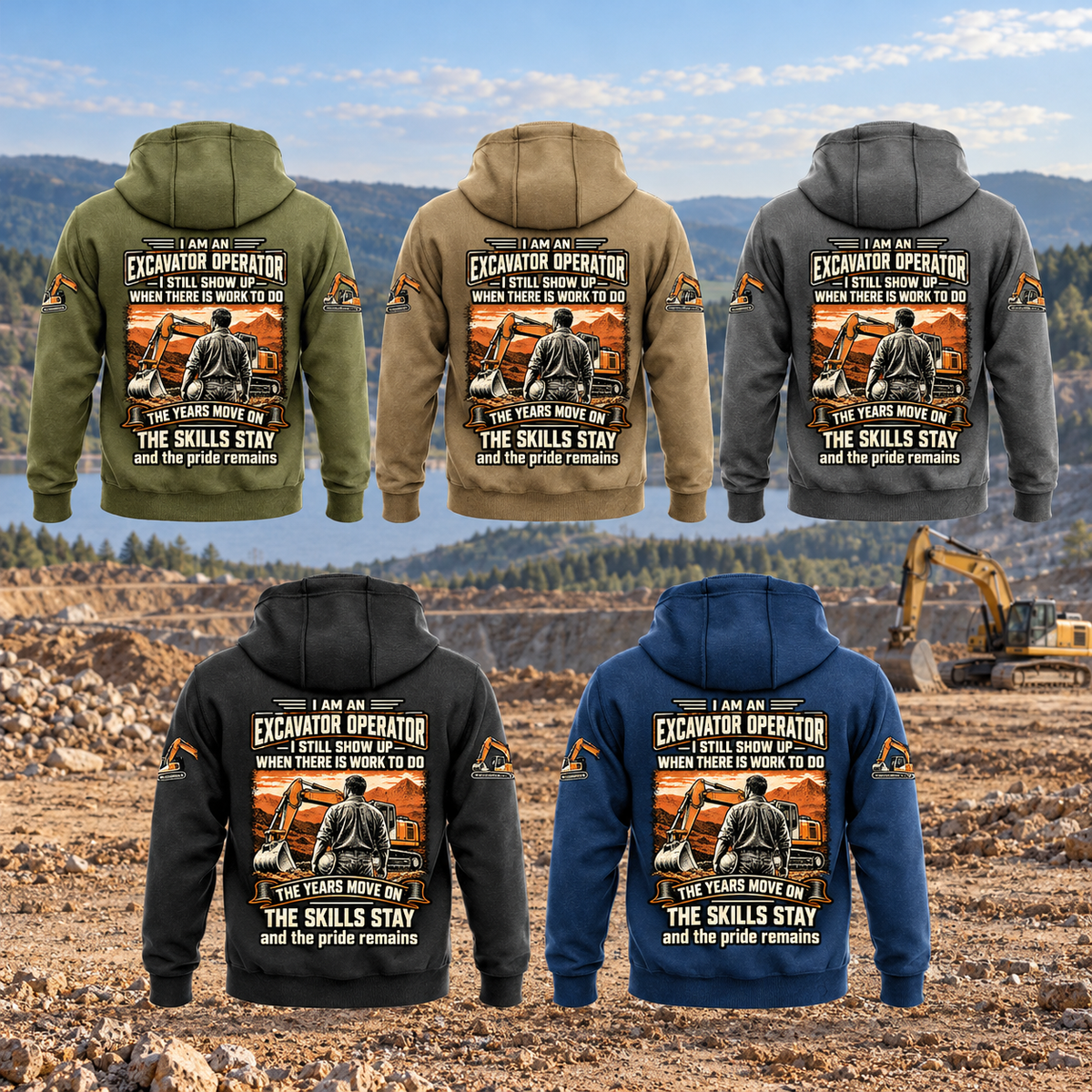 Excavator Operator Skills and Pride Vintage Hoodie in Military Green, Kaki, Dark Gray, Black and Dark Blue, five complete back views with matching portrait-and-statement artwork in a quiet earthworks setting with a parked excavator and lowered bucket.