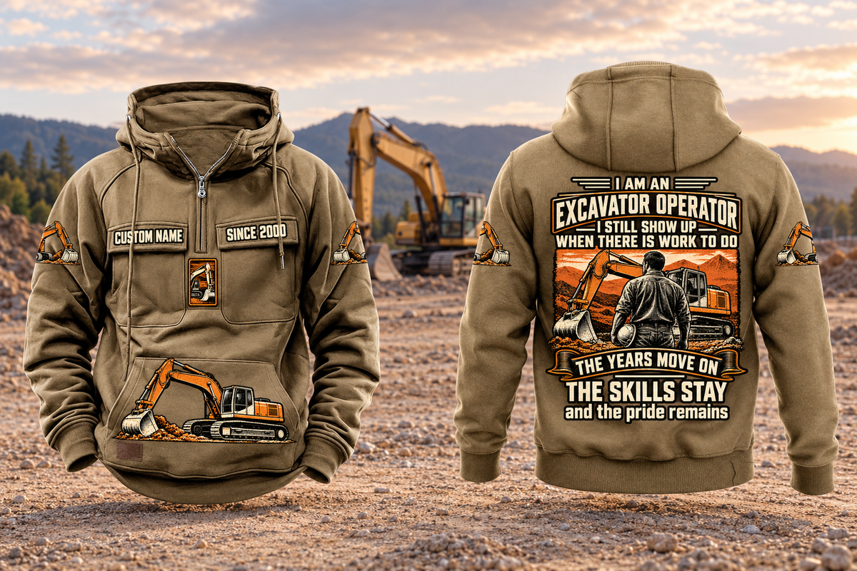 Excavator Operator Skills and Pride Vintage Hoodie in Kaki, complete separated front and back views with sample text CUSTOM NAME and SINCE 2000, excavator graphics and a quiet earthworks background.