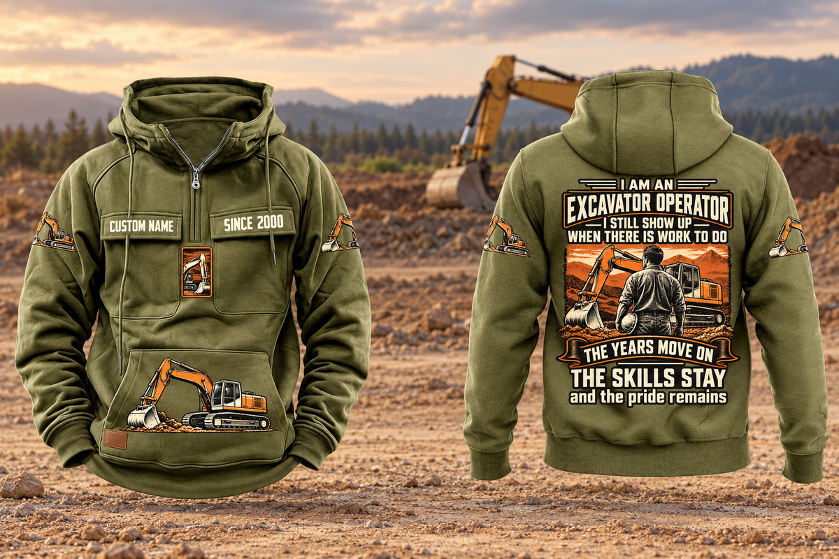 Excavator Operator Skills and Pride Vintage Hoodie in Military Green, complete separated front and back views with sample text CUSTOM NAME and SINCE 2000, excavator graphics and a quiet earthworks background.