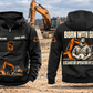 Excavator Operator By Choice Vintage Hoodie in Black, complete front and back views with sample chest text CUSTOM NAME and SINCE 2000, excavator motifs and BORN WITH GRIT / EXCAVATOR OPERATOR BY CHOICE back artwork in an earthworks setting.