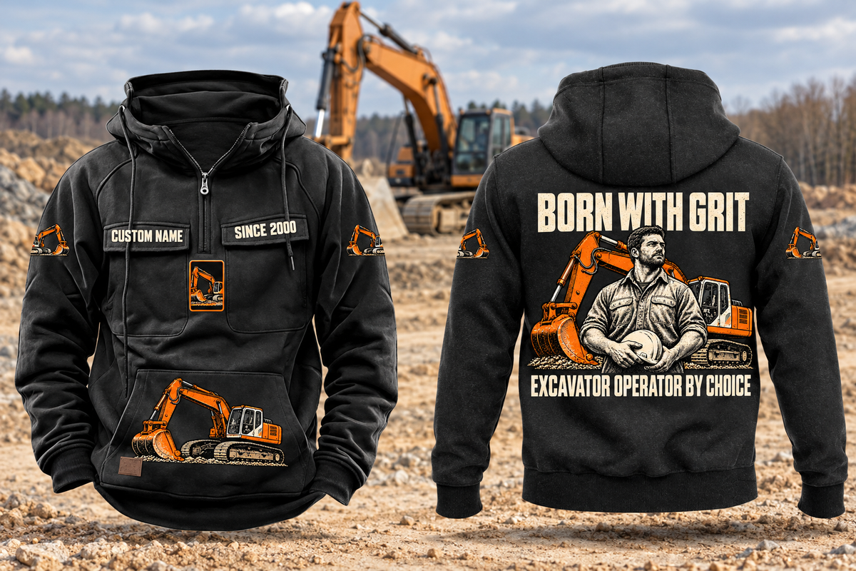 Excavator Operator By Choice Vintage Hoodie in Black, complete front and back views with sample chest text CUSTOM NAME and SINCE 2000, excavator motifs and BORN WITH GRIT / EXCAVATOR OPERATOR BY CHOICE back artwork in an earthworks setting.