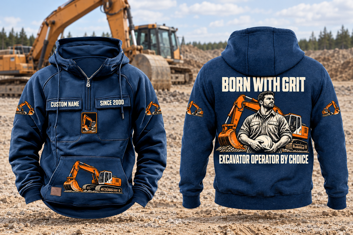 Excavator Operator By Choice Vintage Hoodie in Dark Blue, complete front and back views with sample chest text CUSTOM NAME and SINCE 2000, excavator motifs and BORN WITH GRIT / EXCAVATOR OPERATOR BY CHOICE back artwork in an earthworks setting.
