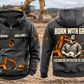 Excavator Operator By Choice Vintage Hoodie in Dark Gray, complete front and back views with sample chest text CUSTOM NAME and SINCE 2000, excavator motifs and BORN WITH GRIT / EXCAVATOR OPERATOR BY CHOICE back artwork in an earthworks setting.