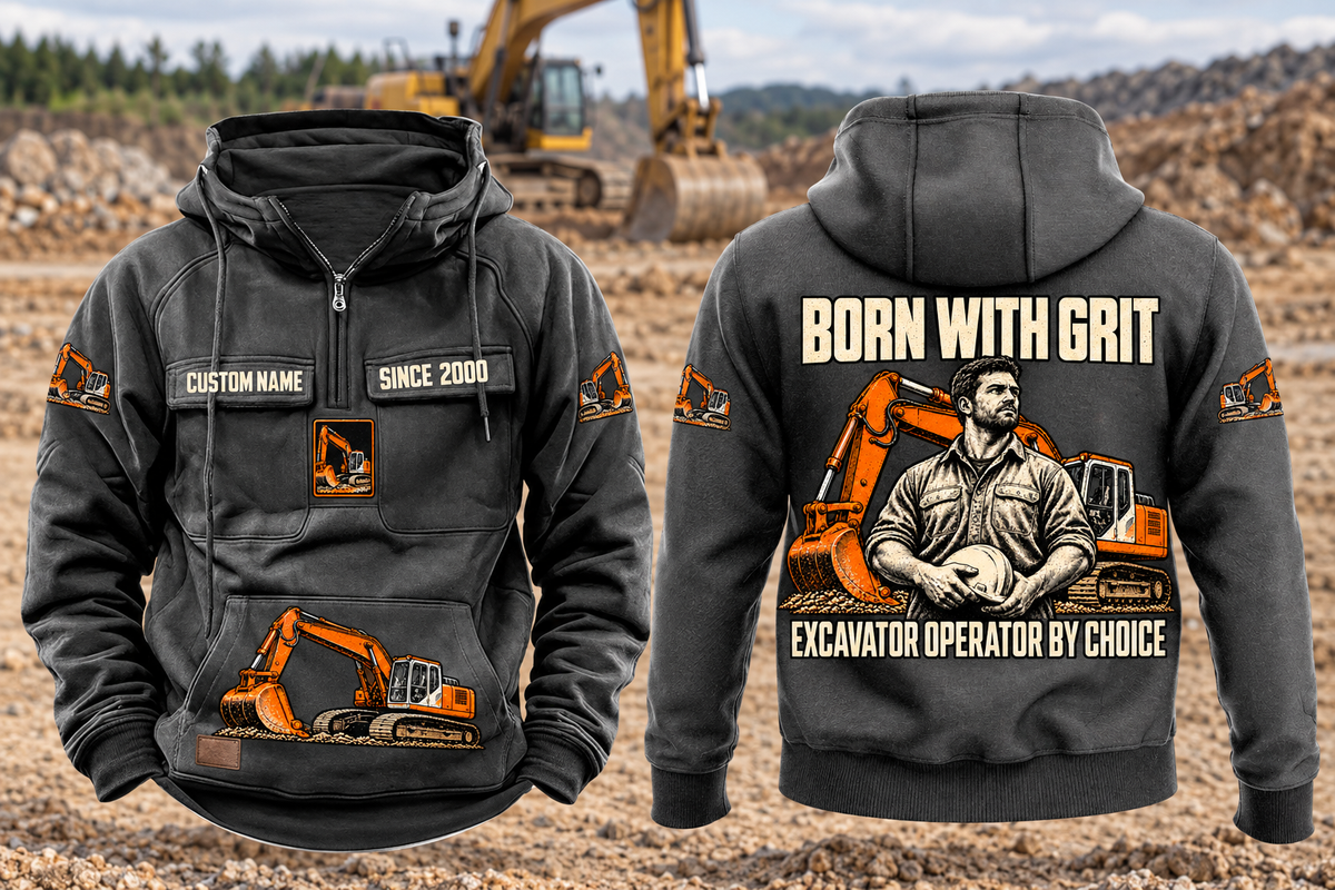 Excavator Operator By Choice Vintage Hoodie in Dark Gray, complete front and back views with sample chest text CUSTOM NAME and SINCE 2000, excavator motifs and BORN WITH GRIT / EXCAVATOR OPERATOR BY CHOICE back artwork in an earthworks setting.