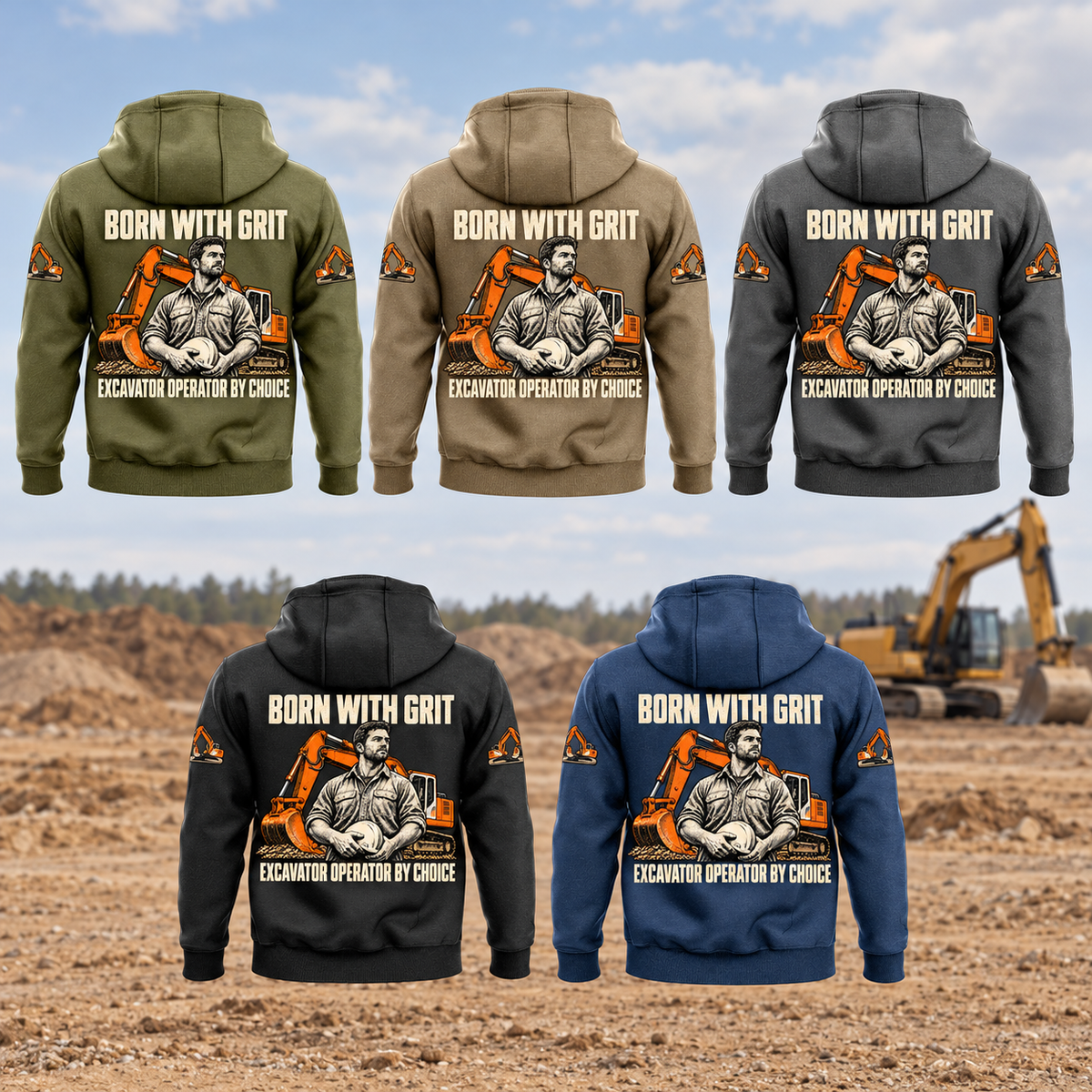 Excavator Operator By Choice Vintage Hoodie in all five colors: Military Green, Kaki, Dark Gray, Black and Dark Blue. Five complete separated back views show BORN WITH GRIT and EXCAVATOR OPERATOR BY CHOICE artwork against a quiet earthworks landscape with a parked excavator.