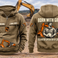 Excavator Operator By Choice Vintage Hoodie in Kaki, complete front and back views with sample chest text CUSTOM NAME and SINCE 2000, excavator motifs and BORN WITH GRIT / EXCAVATOR OPERATOR BY CHOICE back artwork in an earthworks setting.