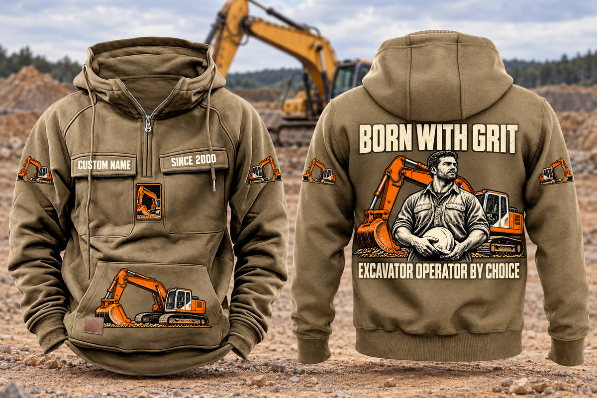 Excavator Operator By Choice Vintage Hoodie in Kaki, complete front and back views with sample chest text CUSTOM NAME and SINCE 2000, excavator motifs and BORN WITH GRIT / EXCAVATOR OPERATOR BY CHOICE back artwork in an earthworks setting.