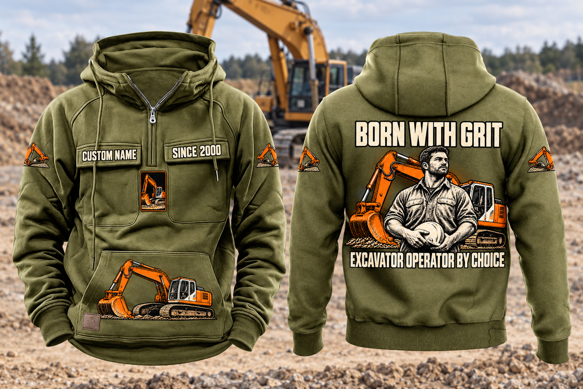 Excavator Operator By Choice Vintage Hoodie in Military Green, complete front and back views with sample chest text CUSTOM NAME and SINCE 2000, excavator motifs and BORN WITH GRIT / EXCAVATOR OPERATOR BY CHOICE back artwork in an earthworks setting.