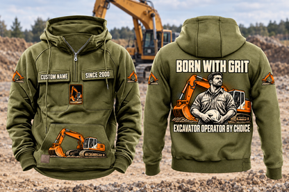 Excavator Operator By Choice Vintage Hoodie in Military Green, complete front and back views with sample chest text CUSTOM NAME and SINCE 2000, excavator motifs and BORN WITH GRIT / EXCAVATOR OPERATOR BY CHOICE back artwork in an earthworks setting.