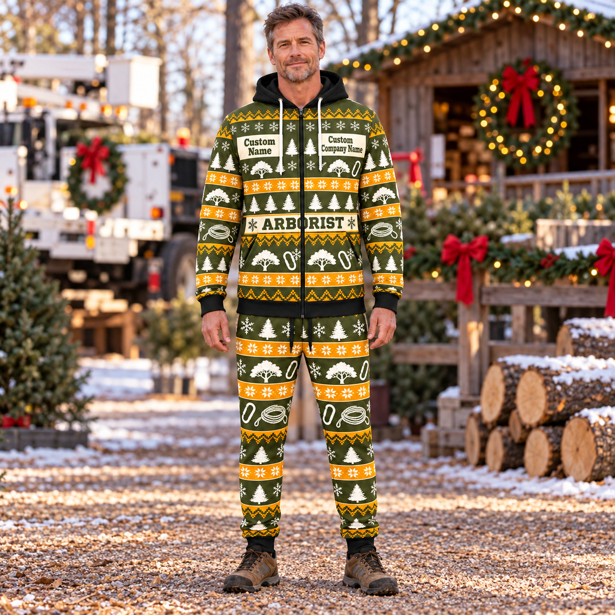 Arborist Holiday Fair Isle full-zip hoodie and jogger hero design with name and company artwork