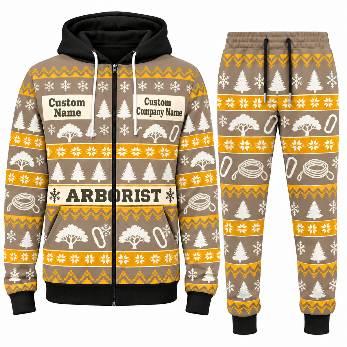 Arborist Holiday Fair Isle full-zip hoodie and jogger sand design with name and company artwork