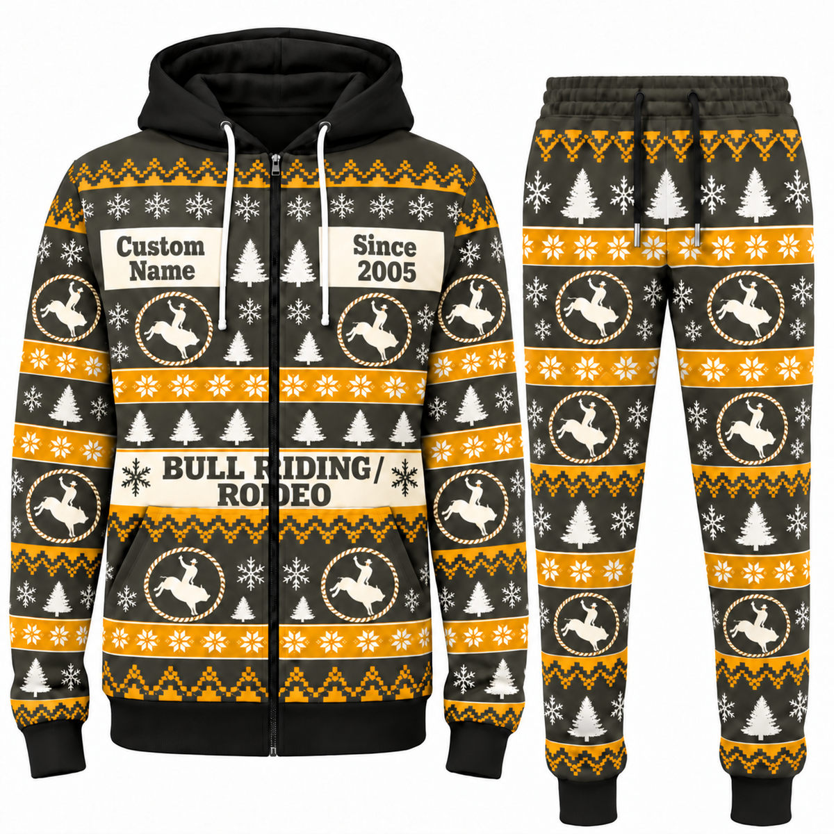 Bull Riding / Rodeo Holiday Fair Isle full-zip hoodie and jogger charcoal-olive design with name and Since 2005 artwork