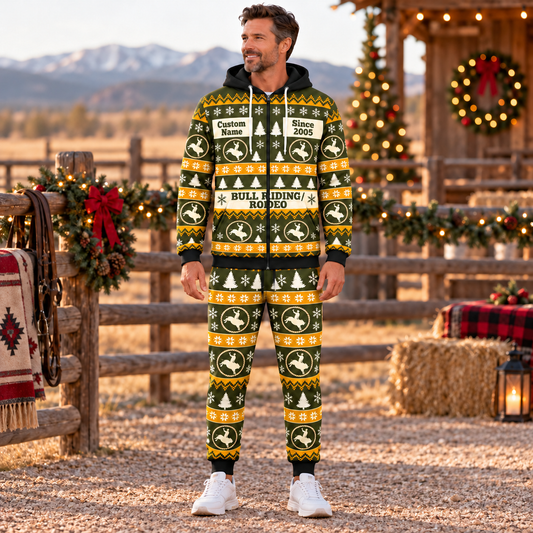 Bull Riding / Rodeo Holiday Fair Isle full-zip hoodie and jogger hero design with name and Since 2005 artwork
